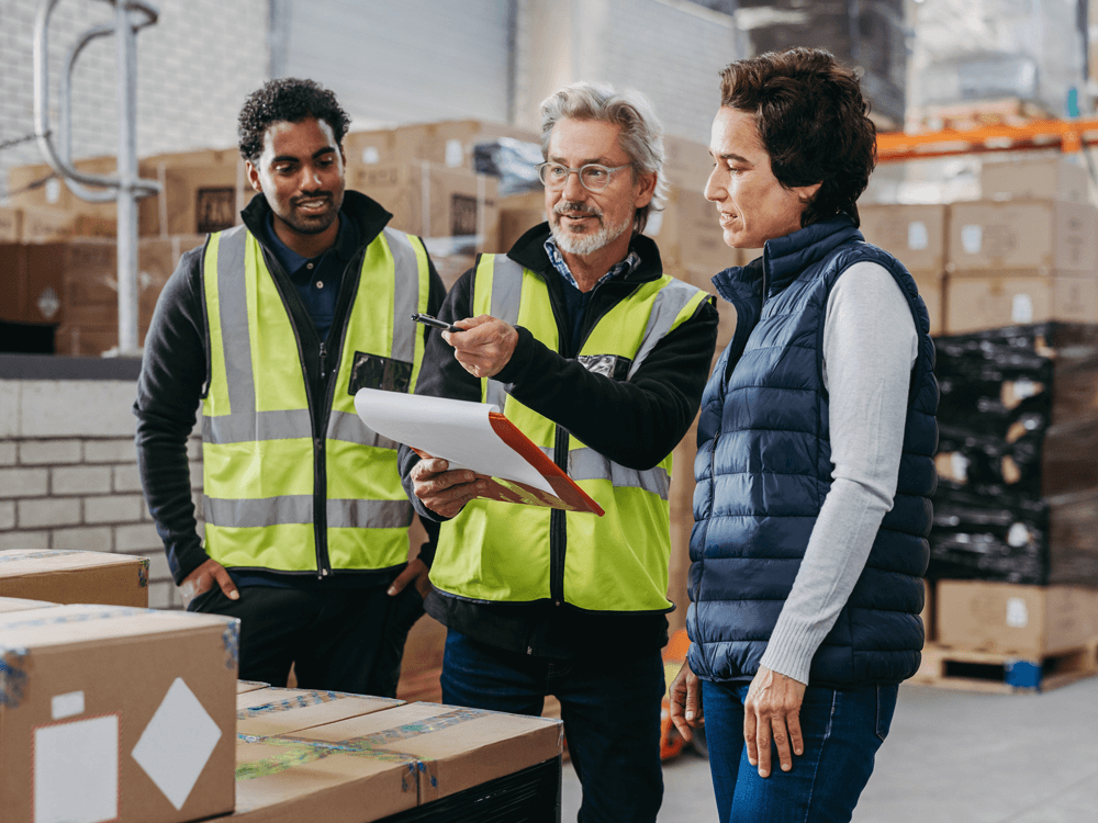 group of three warehouse employees discussing a shipment