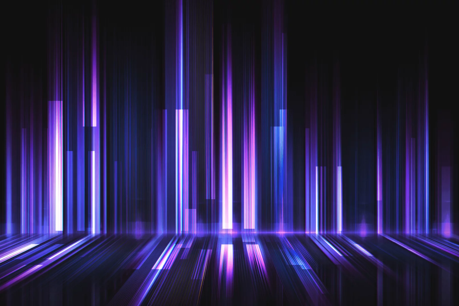 Abstract digital background with dark wall and floor and glowing light pink and purple lines.